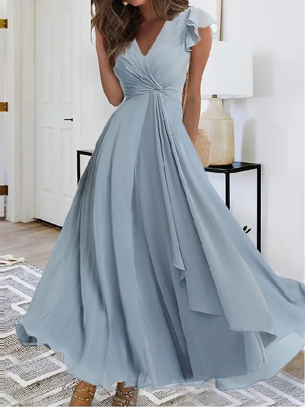 Blue Sleeveless Layered V Neck Evening Party Maxi Dress