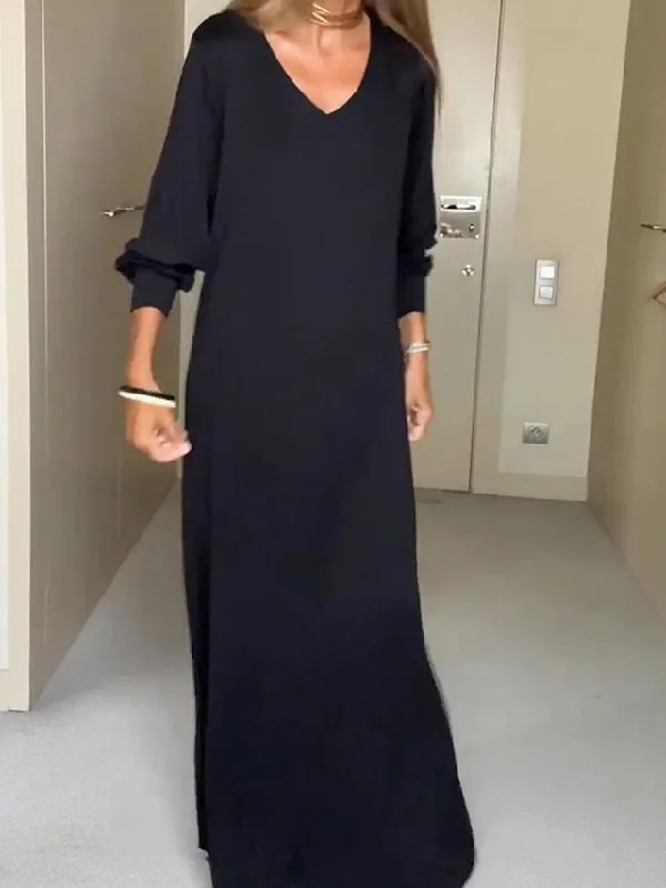 Casual Plain Split Daily Date Basic V Neck Long Sleeve Maxi Dress