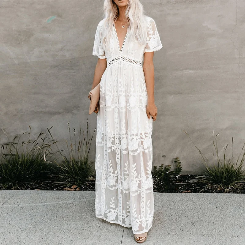 Embroidery Lace Hollow Out Beach Vacation Maxi Dress