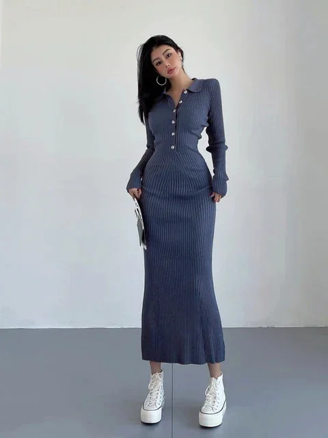 Polo Neck Knit Autumn Winter Slim Robe Maxi Dresses