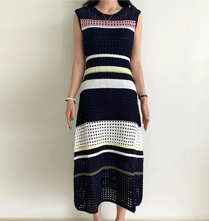 Runway Knitting Hollow out Striped Patchwork Maxi Dress