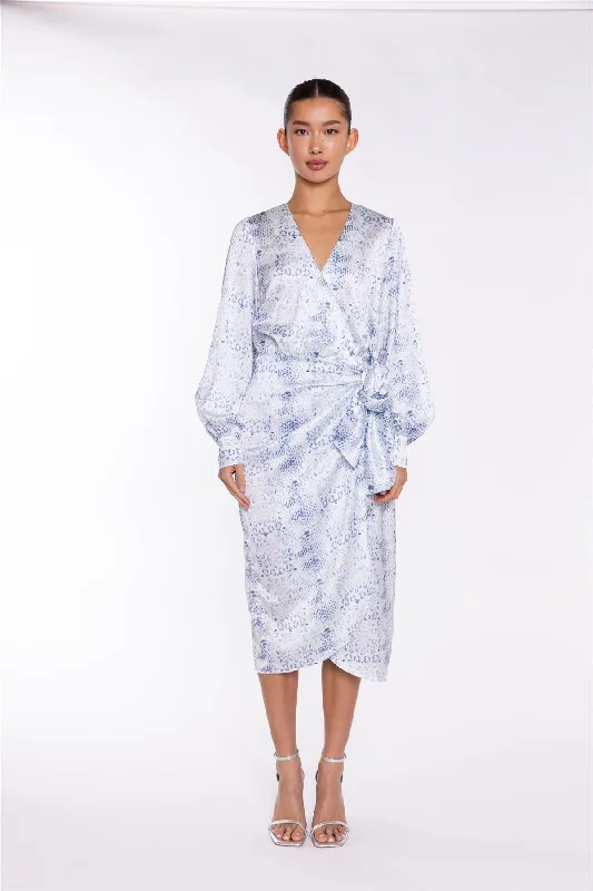 White-Blue Animal Wrap Midi-Dress