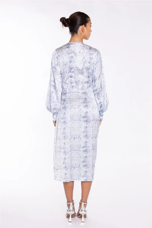 White-Blue Animal Wrap Midi-Dress