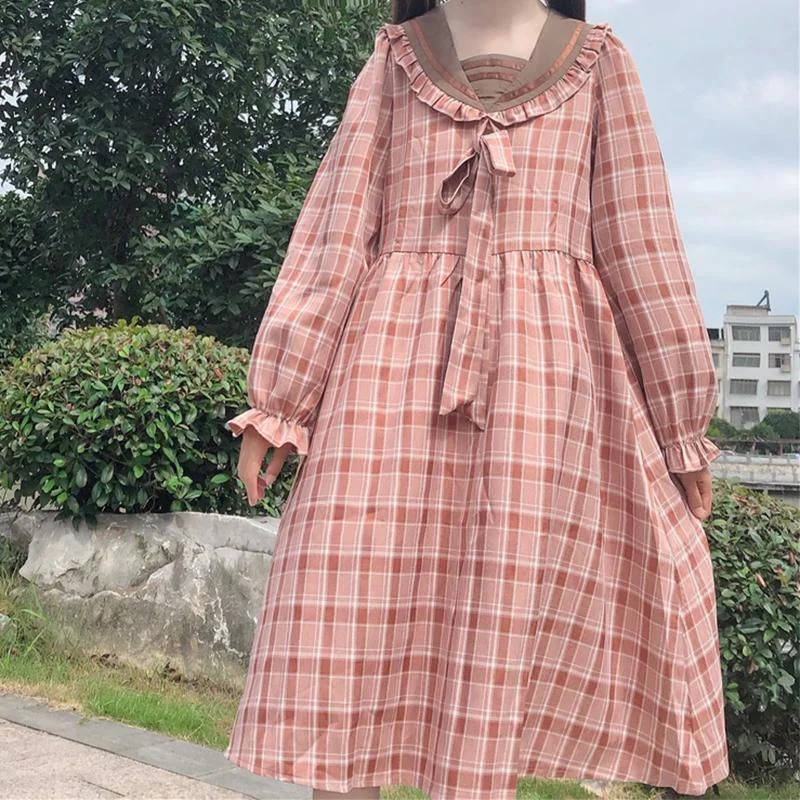 Women's Kawaii Sailor Collar Bowknot High-waisted Plaid Dresses