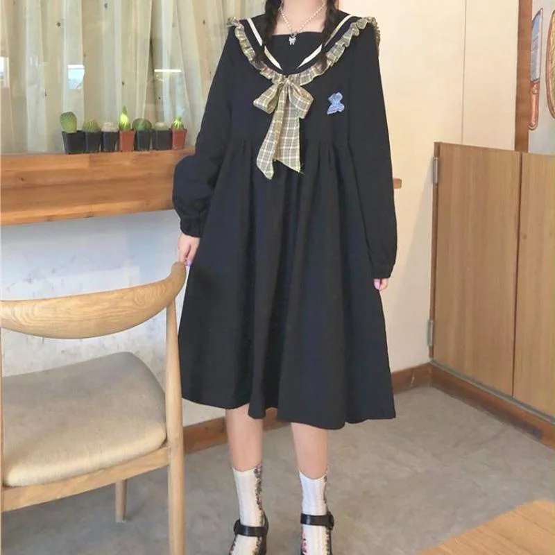 Women's Kawaii Sailor Collar Butterfly Embroidered Long Sleeved Dresses 