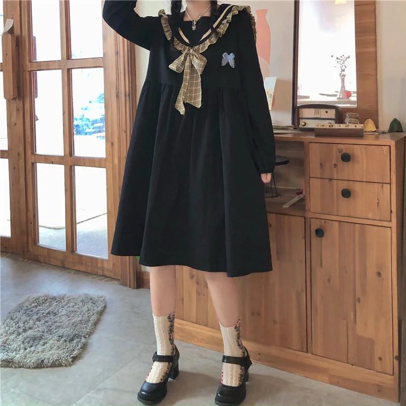 Women's Kawaii Sailor Collar Butterfly Embroidered Long Sleeved Dresses 