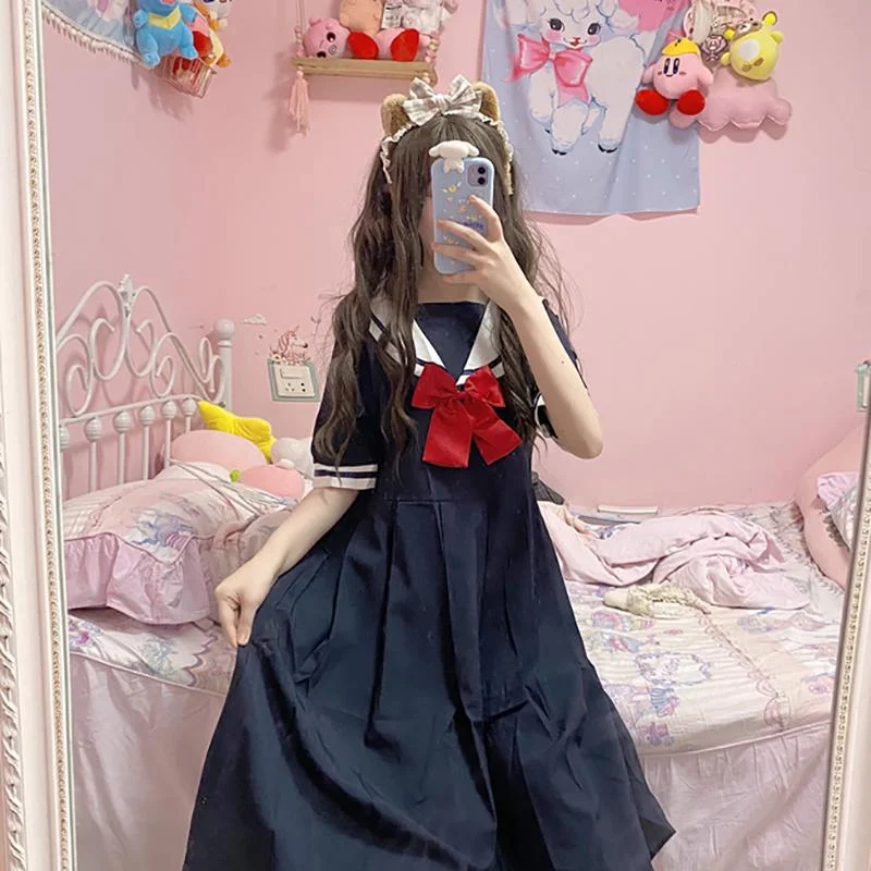 Women's Kawaii Sailor Collar Pure Color High-waisted Dresses With Bowknot