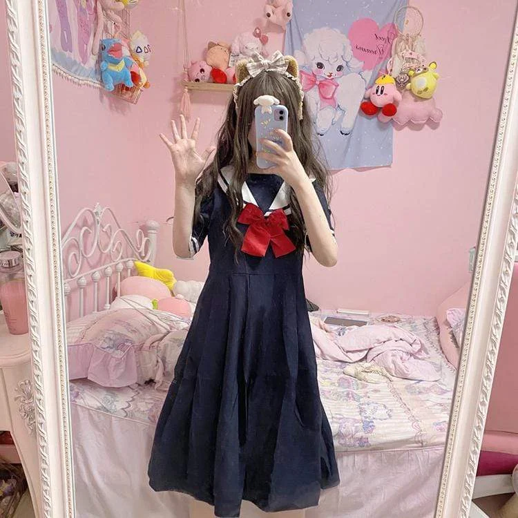 Women's Kawaii Sailor Collar Pure Color High-waisted Dresses With Bowknot