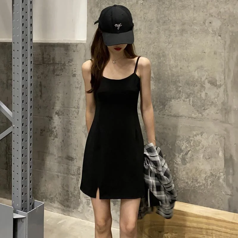 Women's Korean Fashion Ripped Fitted Slip Dresses Black