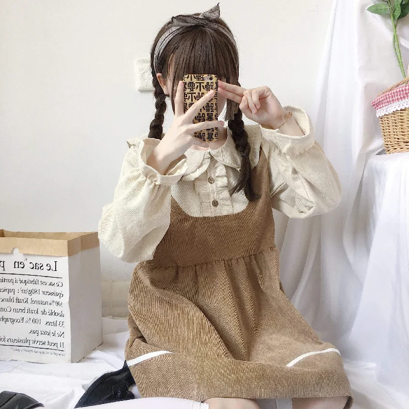 Women's Sweet Peter Pan Collar Shirts Splicing  Pure Color Corduroy Overall Dresses