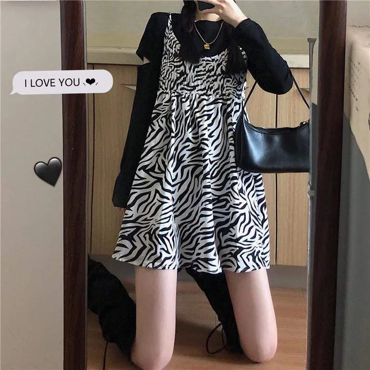 Women's Vintage Zebra-stripe Slip Dresses With Ripped T-shirts