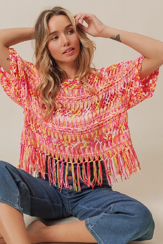 Hot Girl Boho Openwork Fringed Knit Cover Up Short Sleeve Top