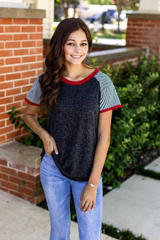 Charcoal Body with Grey & Black Striped Short Sleeve and Red