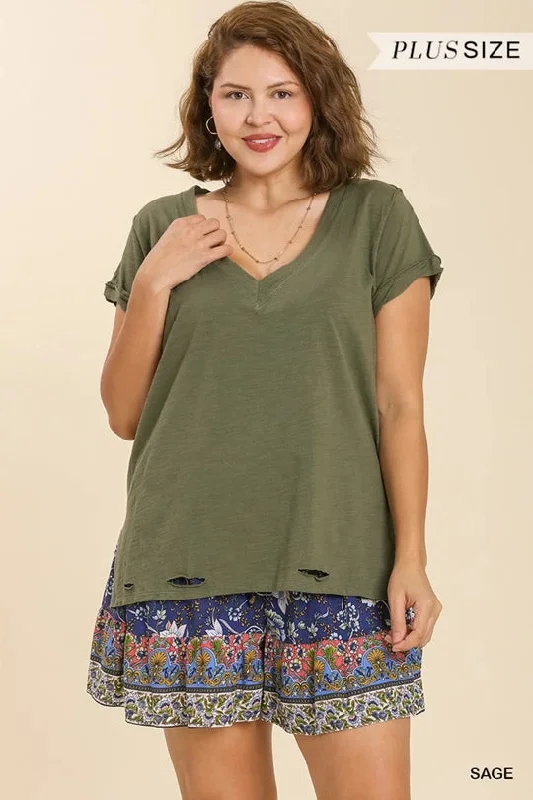 Gathered V-Neck Distressed Hem Top