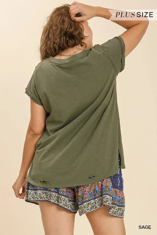 Gathered V-Neck Distressed Hem Top