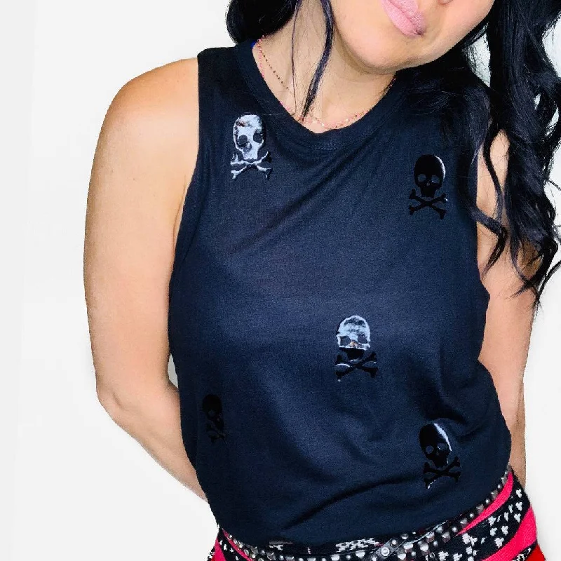 Jane Black Tank Top - Mini Glossy Black Skulls & Crossbones