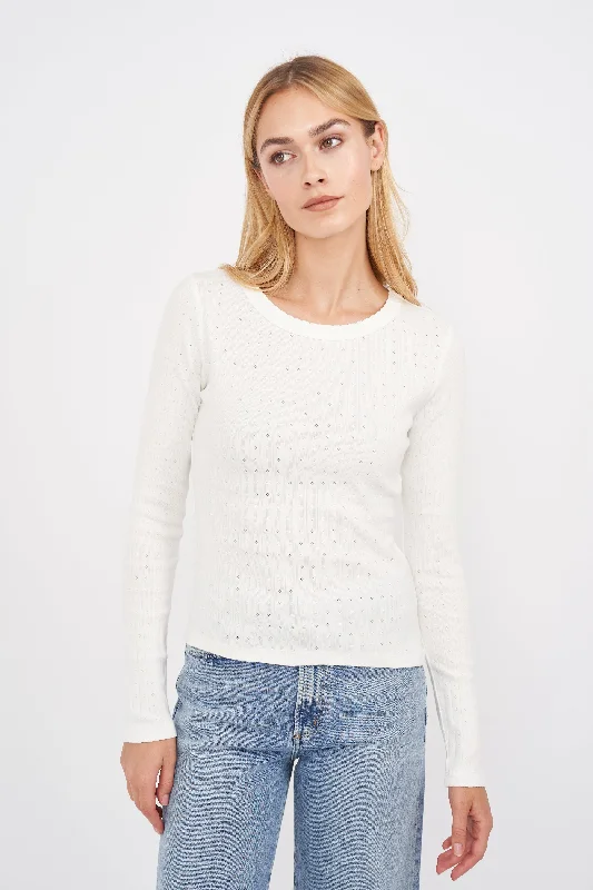 Pointelle Long Sleeve Crewneck - White