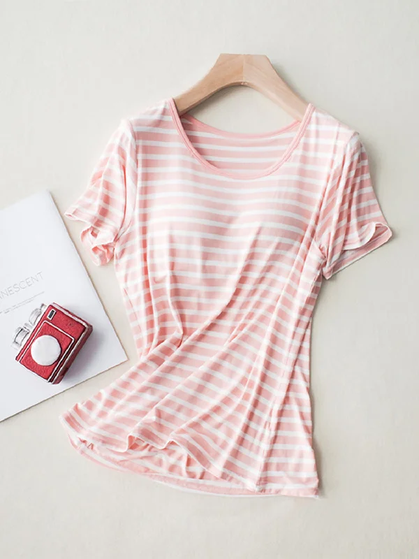 Hot Girl Striped Round Neck T-Shirt With Built In Bra Short Sleeve Tee