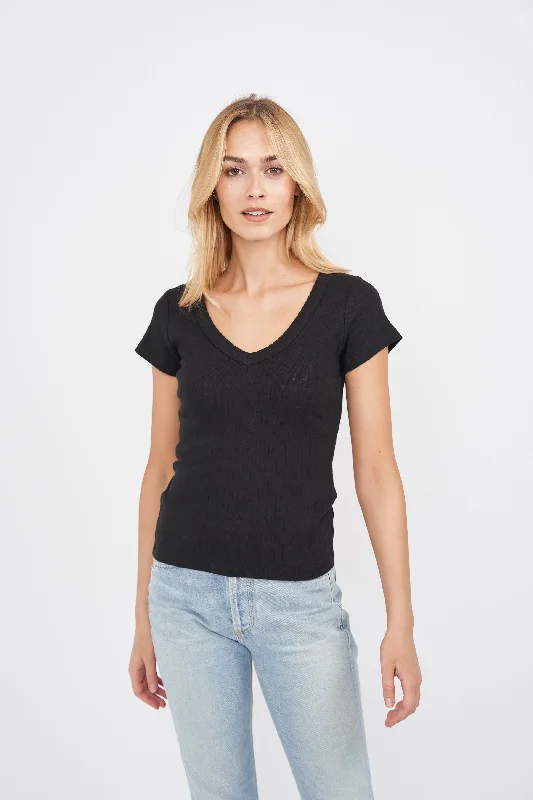 Pointelle V-Neck Tee - Black