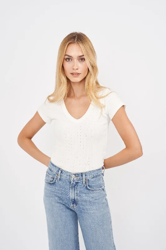 Pointelle V-Neck Tee - White