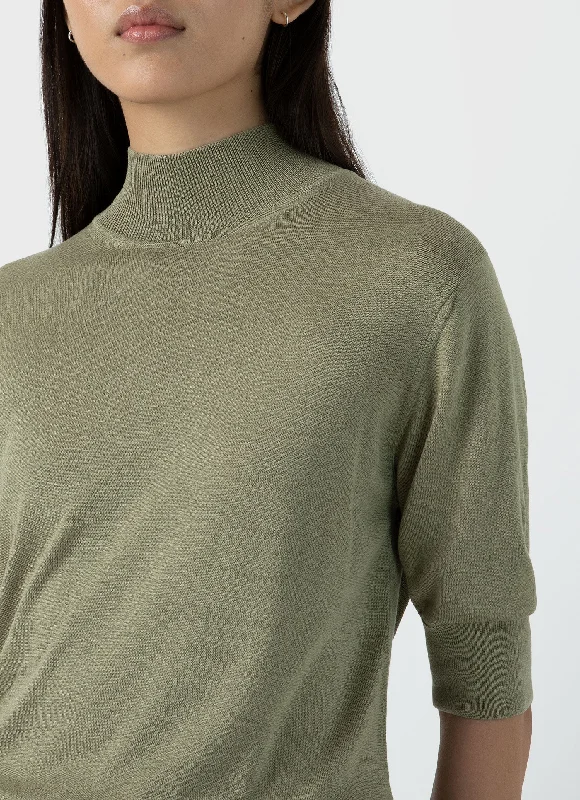 Women's Mulberry Silk Mock Neck Top in Pale Khaki