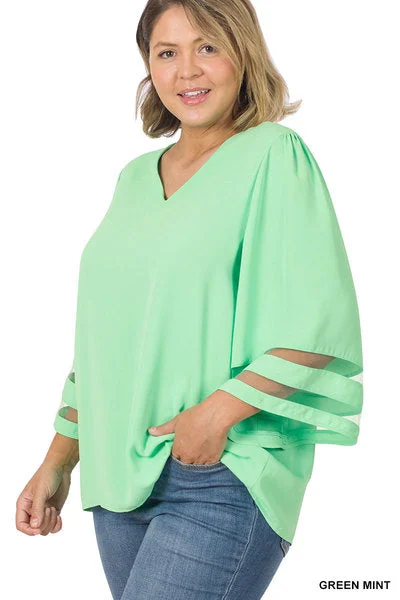 Woven Green Mint Mesh Panel 3/4 Bell Sleeve Top