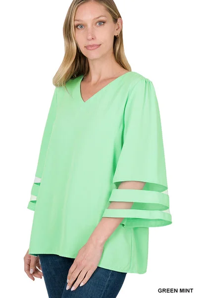 Woven Green Mint Mesh Panel 3/4 Bell Sleeve Top